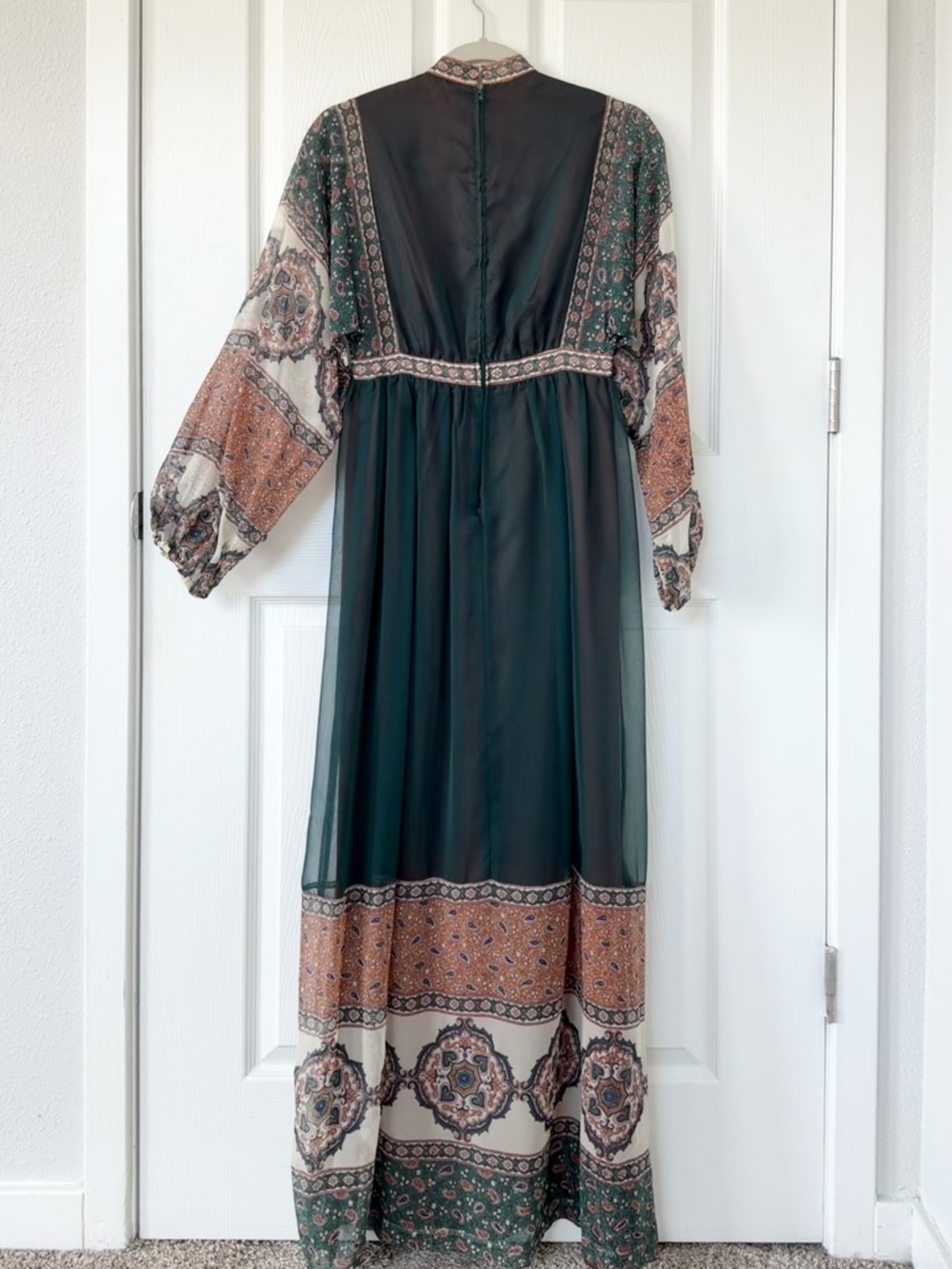1970’s Vintage Bohemian Prairie Paisley Chiffon Maxi Dress by AJ Bari - Picture 2 of 10